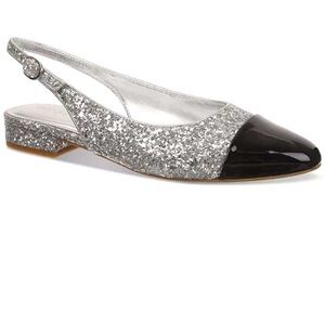 On 34th glitter silver and black slingbacks flat sandals